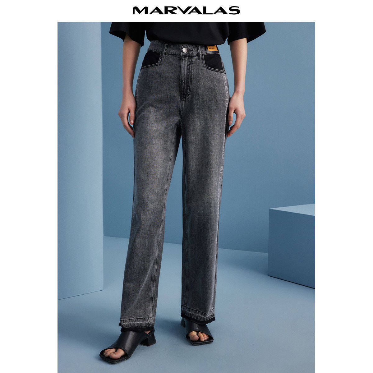 曼德诗棉质直筒牛仔裤女2025夏季新款撞色字母印花自然腰休闲长裤