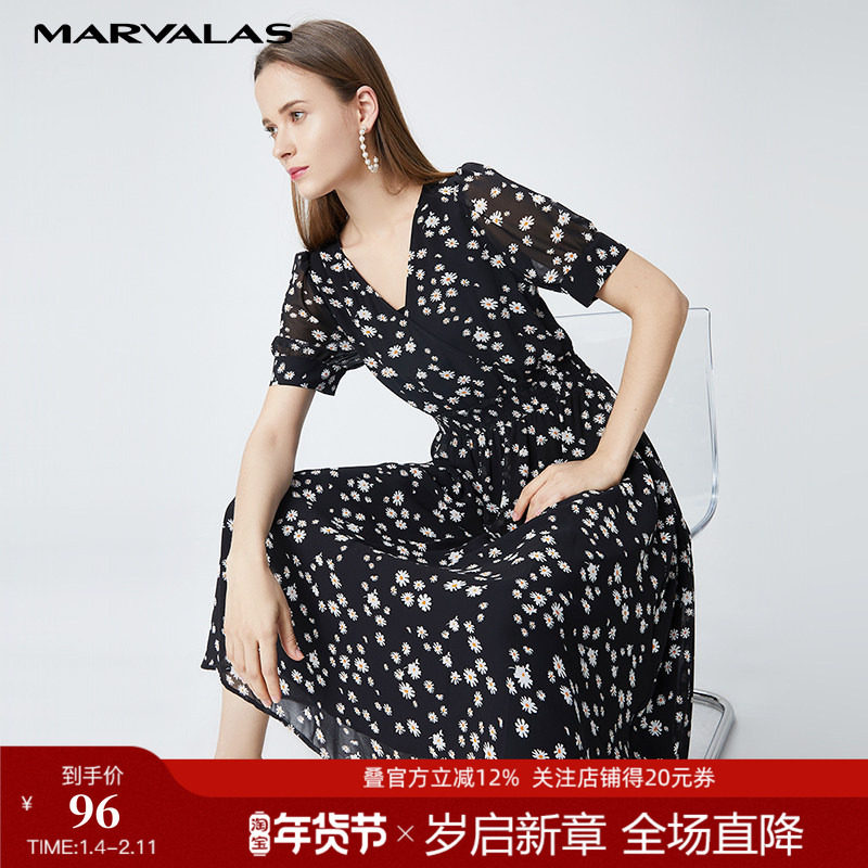 曼德诗黑花连衣裙女2025新款夏装短袖中长款裙子气质温柔雪纺裙,女装/女士精品,连衣裙,淘宝优惠券,粉丝福利购,淘宝优惠卷