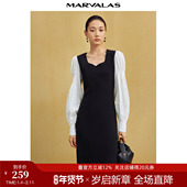 复古桃心领长袖 曼德诗黑白拼接针织连衣裙2024秋季 新品 收腰中长裙