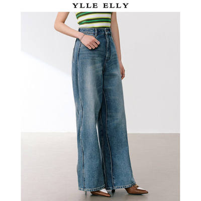 YLLEELLY/衣衫妙影牛仔裤春季新款时尚高腰全棉波浪设计休闲长裤