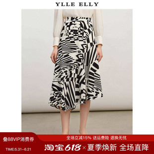 YLLE ELLY/衣衫妙影高腰半身裙新款不对称裙摆设计A版印花伞裙