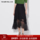 曼德诗不规则半身裙女2025夏网纱拼接高腰纱裙气质黑色中长裙a字