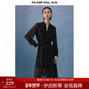 曼德诗雪纺连衣裙女2025年夏季新款长袖薄款碎花中长款高级感裙子