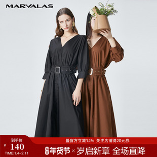 曼德诗黑色连衣裙女2025新款夏季中长款V领中袖气质法式长裙