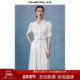 高腰大摆A字裙双压褶衬衫 曼德诗简约气质连衣裙女衬衫 领泡泡袖 裙