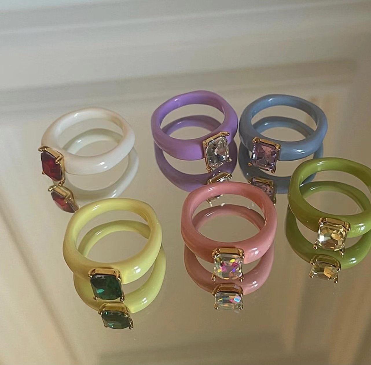 韩国代购reina复古少女 甜酷 泫雅风糖果色宝石叠戴戒指ins指环