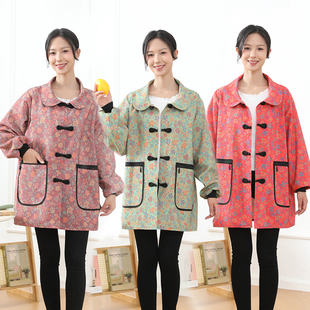 罩衣工作服女厨房家用防污耐脏新中式帆布透气上班长袖围裙工作服