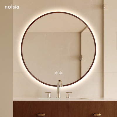 中古胡桃木纹圆形智能浴室镜带灯