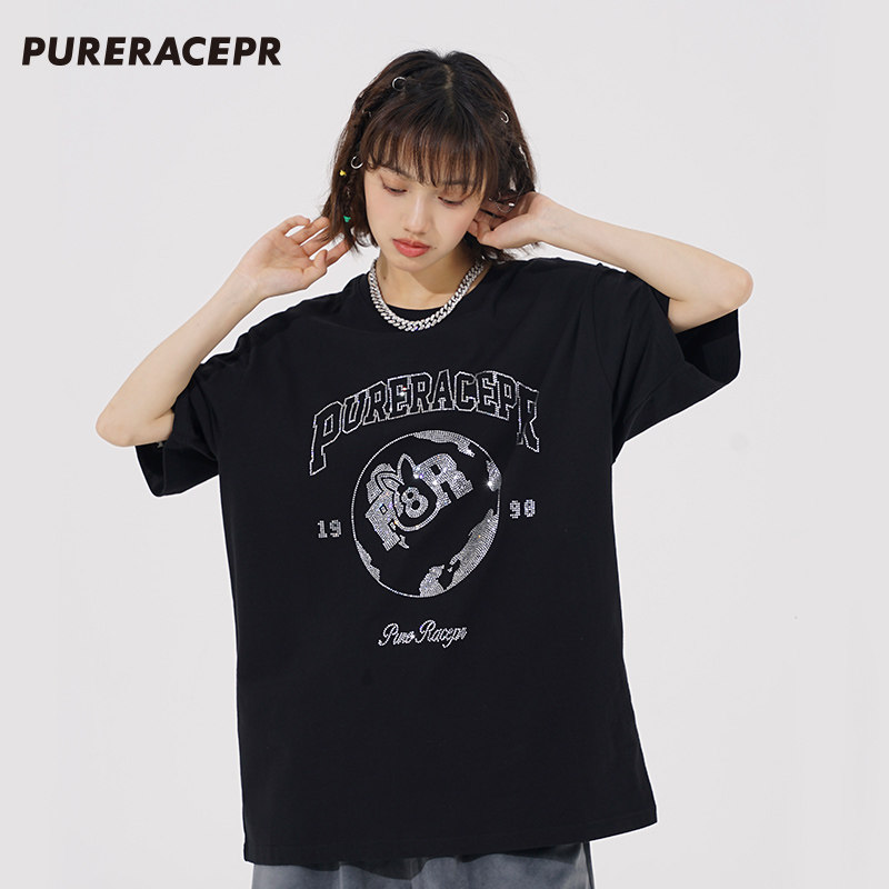 【现货】purerace pr  夏款重工烫钻黑八短袖t恤国潮情侣宽松