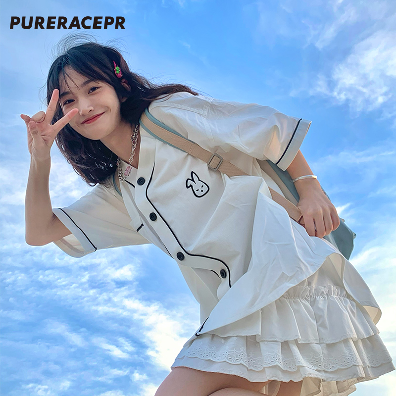 【张晚意同款】PURERACE PR刺绣开衫棒球服衬衫可爱兔子T恤短袖-封面