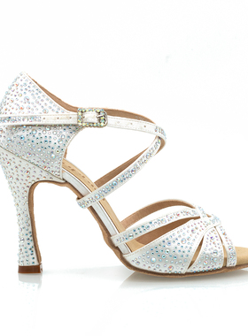 Suphini镶钻中高跟舞鞋礼物白色缎面交谊舞恰恰伦巴牛仔拉丁舞鞋