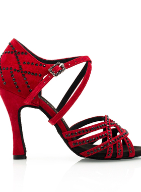 Suphini时尚百搭红色中高跟舞蹈鞋专业软底女士拉丁舞鞋交谊舞鞋