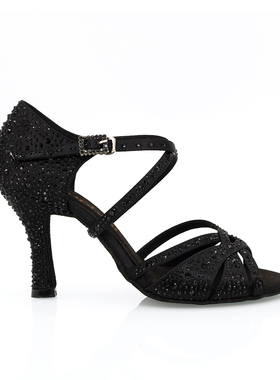 Suphini时尚镶钻黑色软底跳舞鞋交谊舞恰恰伦巴桑巴牛仔拉丁舞鞋