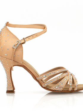 Suphini时尚百搭镶钻交谊舞鞋中高跟舞蹈鞋专业软底缎面拉丁舞鞋