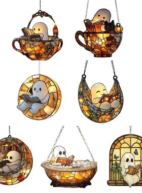 Halloween Ghost Reading Book Acrylic Hanging Ornament Colorf