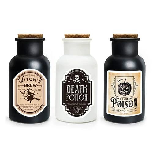 Halloween Apothecary Potion Bottles Black White Scary Bottle