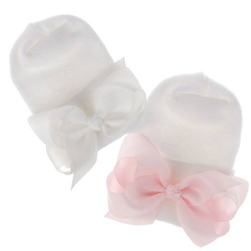 0-6Months Newborn Hospital Cute Knit White Bonnet with Ribbo