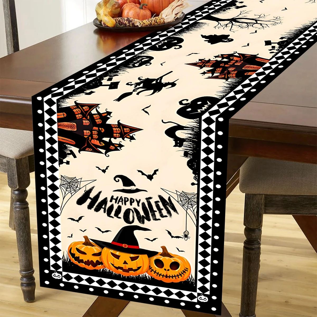 Happy Halloween Table Runner Pumpkin Ghost Cat Table Runner