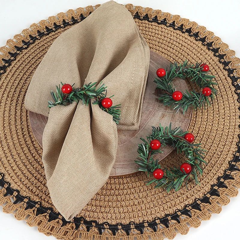 6 Pcs Red Fruit Pine Needle Flower Rings, Thanksgiving, Chri