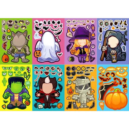 8/16Sheets Halloween Make a Face Puzzle Sticker Kids Party F