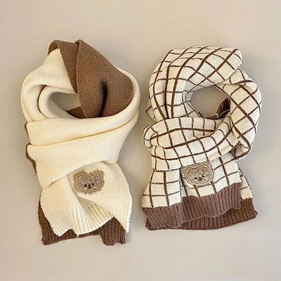 Cute Plaid Striped Bear Kids Scarf  Knitted Winter Warm Scar