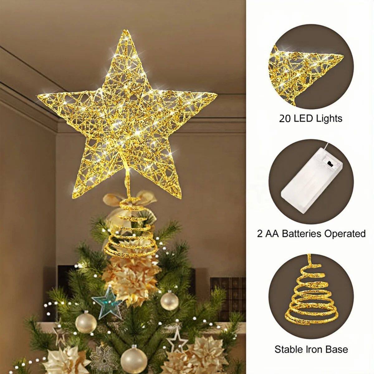 Iron Glitter Christmas Tree Topper Star With Led Copper Wire