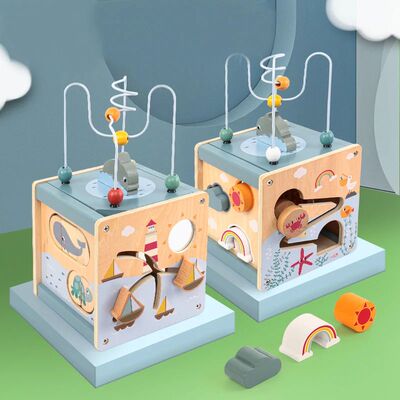 Wooden Activity Cube for Toddlers 5in1 Animal Shape Sorter B