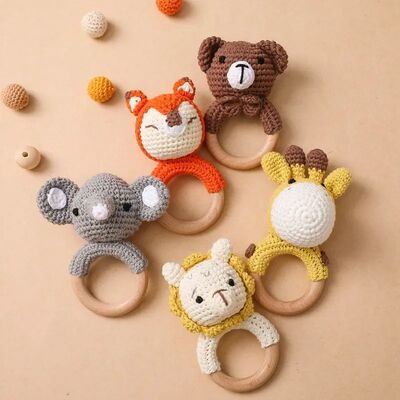 Wooden Rattle Baby Teether for Kids Teething Rings Animal Cr