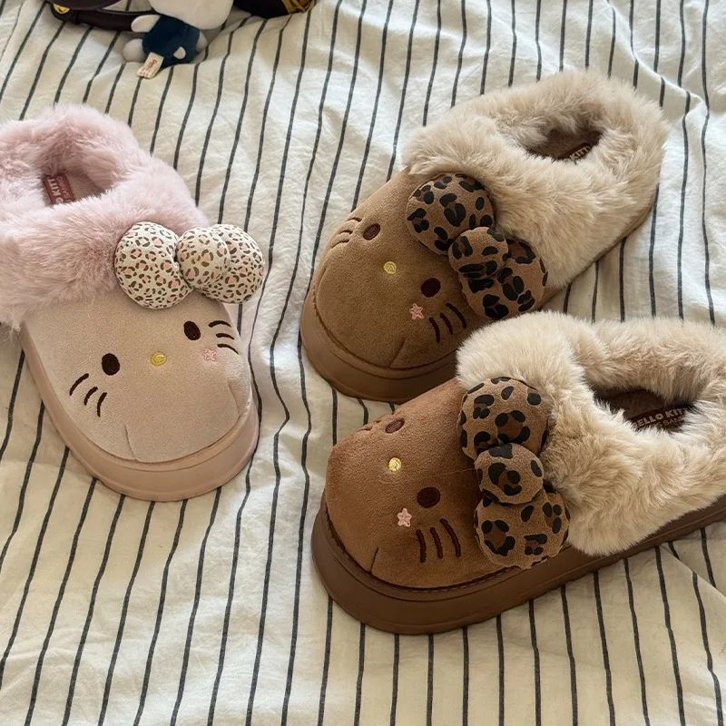 Autumn Winter Hello Kitty Slippers For Women Plush Kawaii Cu
