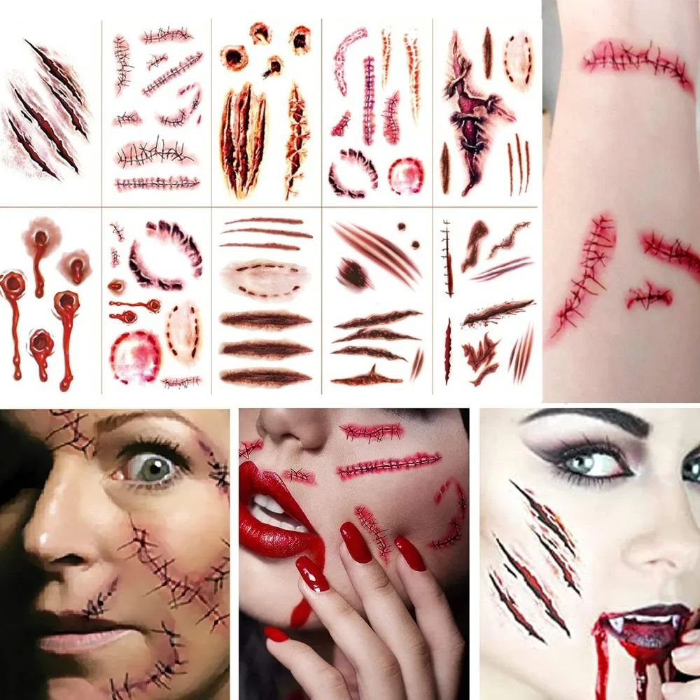 12PCS Halloween Tattoo Sticker Realistic Wounds Scab Blood T