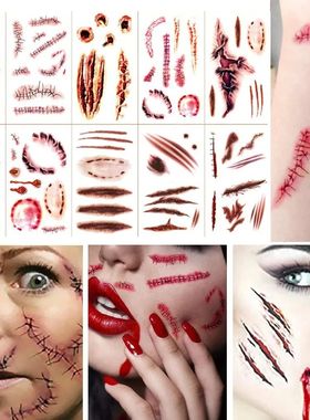 12PCS Halloween Tattoo Sticker Realistic Wounds Scab Blood T