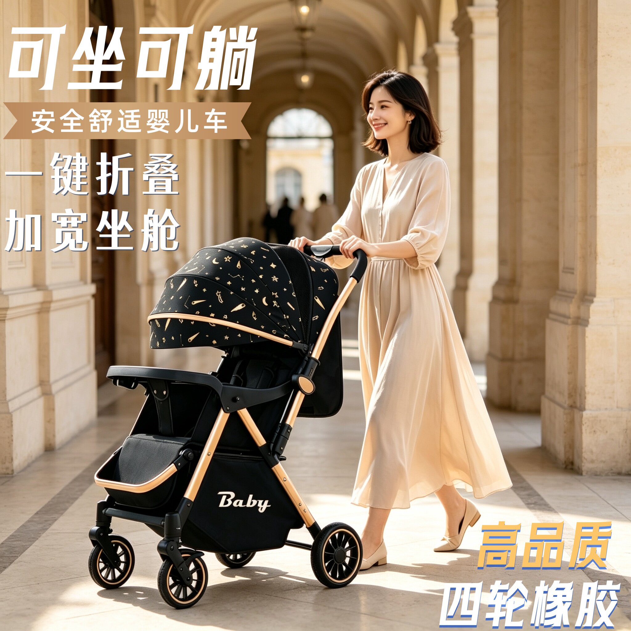 轻便婴儿推车可坐躺睡一键收车双向推行四轮避震多档调节手推车