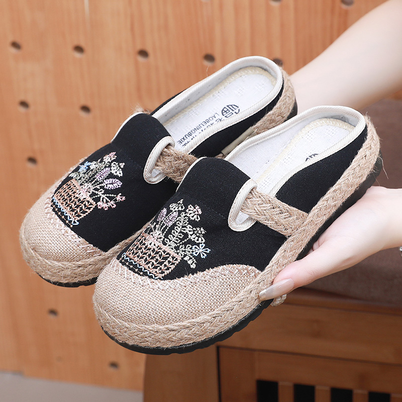 老北京布鞋女夏季包头半拖鞋外穿亚麻渔夫鞋透气棉麻民族风绣花鞋