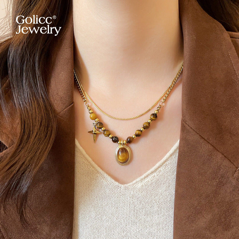 金色虎眼石叠戴项链女轻奢小众毛衣链大气高档高级感2025新款配饰