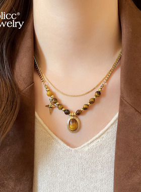 古里雅金色虎眼石叠戴项链高级感