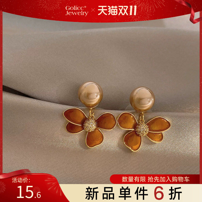 古里雅深棕色珍珠花朵耳环高级感