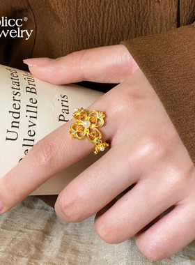 古里雅沙金镂空四叶草戒指高级感