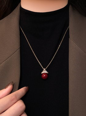 古里雅红色珍珠吊坠项链高级感