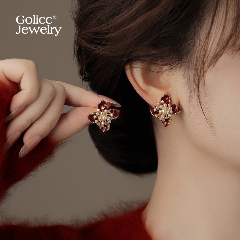 红色花朵珍珠锆石耳环女2026新款爆款独特漂亮耳饰适合冬天的耳钉,饰品/流行首饰/时尚饰品新,耳环,淘宝优惠券,粉丝福利购,淘宝优惠卷