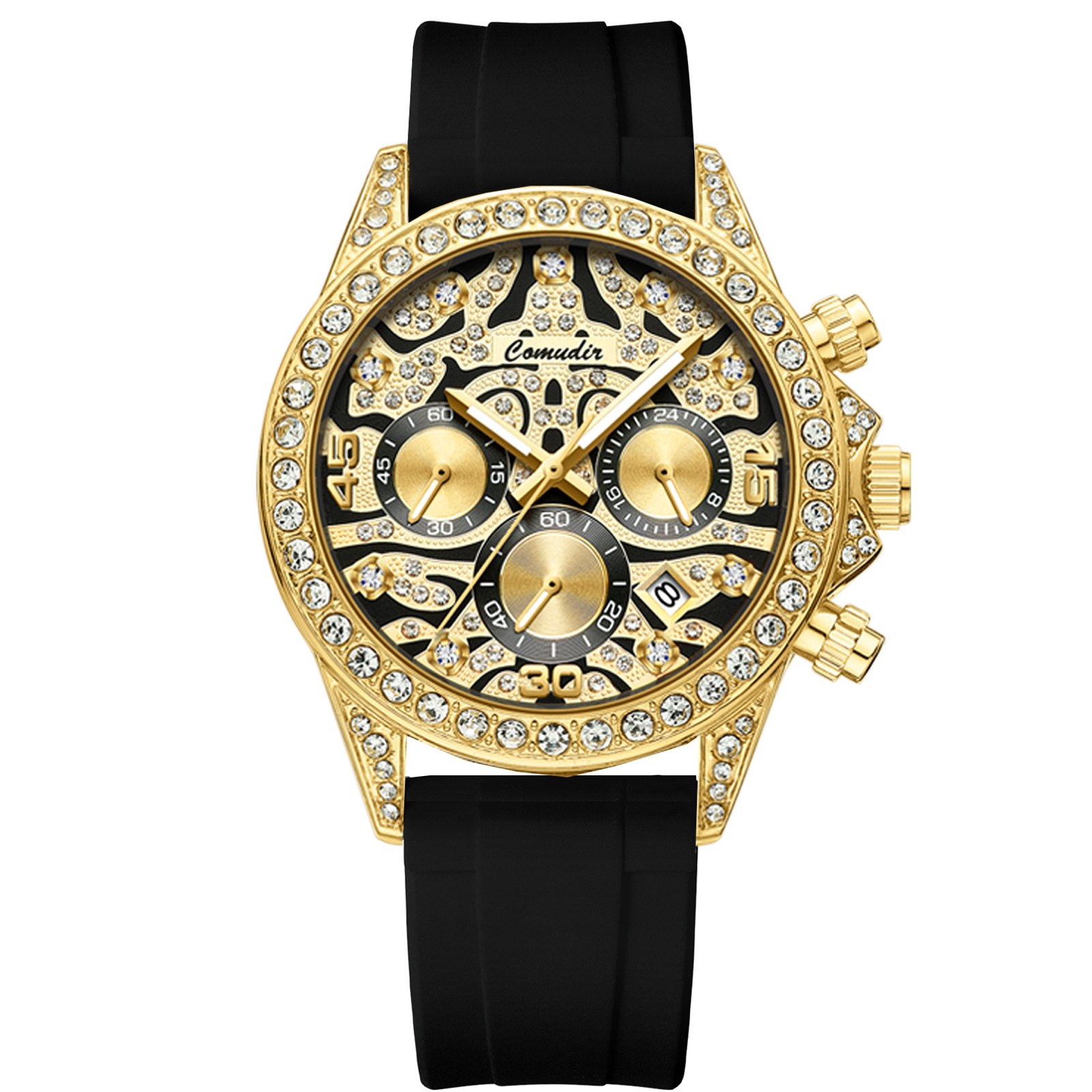 老虎迪镂空机械表手表男士夜光潮日历防水日历男表镶钻土豪金