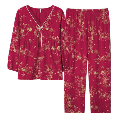 2023年新款纯棉长袖印花妈妈套装