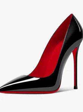 2024新款12cm黑色高跟鞋女斩男细跟尖头性感职业白色红底浅口单鞋