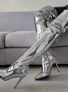 欧美风紫色漆皮过膝长靴高跟气质尖头长筒靴女细跟大筒围靴子大码