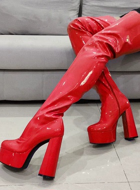 欧美风防水台过膝长靴女粗跟漆皮高跟靴子长筒靴圆头白色舞靴大码