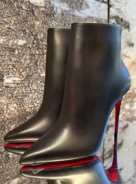 1357皮黑色2024秋冬新款女鞋尖头红底靴裸靴百搭真皮短靴女细跟