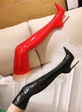 2025年弹力过膝靴尖头高跟长筒女靴红色白色性感钢管舞女皮靴漆皮