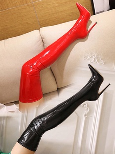 2025年弹力过膝靴尖头高跟长筒女靴红色白色性感钢管舞女皮靴漆皮