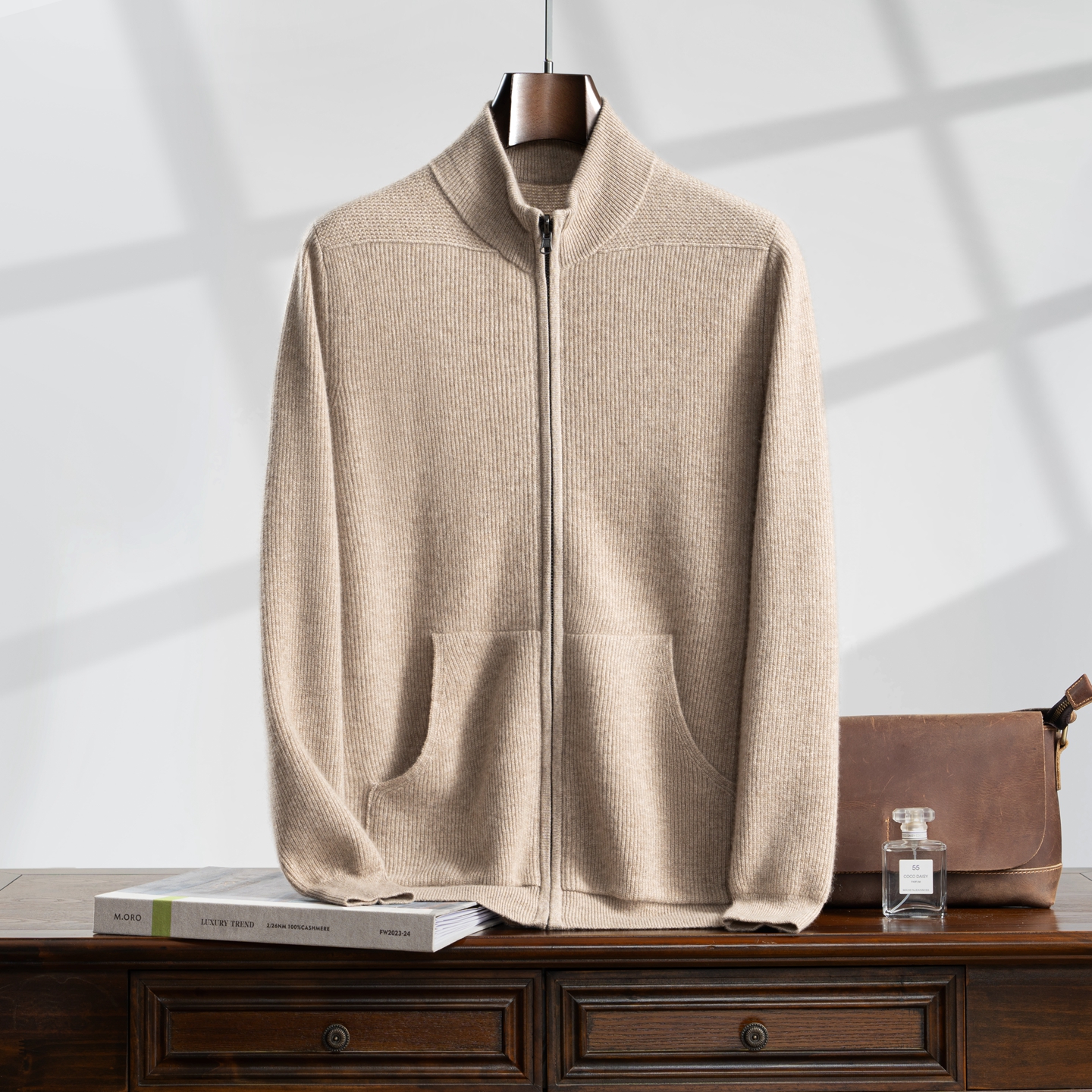 100%纯山羊绒男士元宝针开衫外套