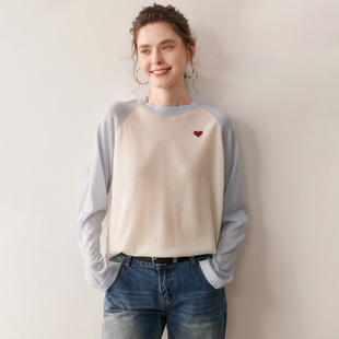 扬子纱撞色圆领100%精纺羊毛衫女宽松爱心刺绣套头针织衫打底衫