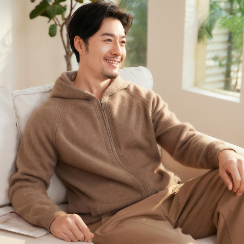 LP同款！100%山羊绒开衫男士连帽拉链针织外套七针插肩袖针织帽衫